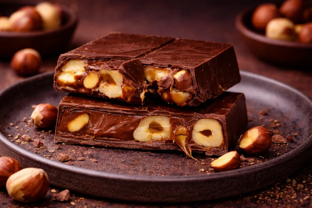 Presek posne crne čokolade sa celim lešnicima i kremom