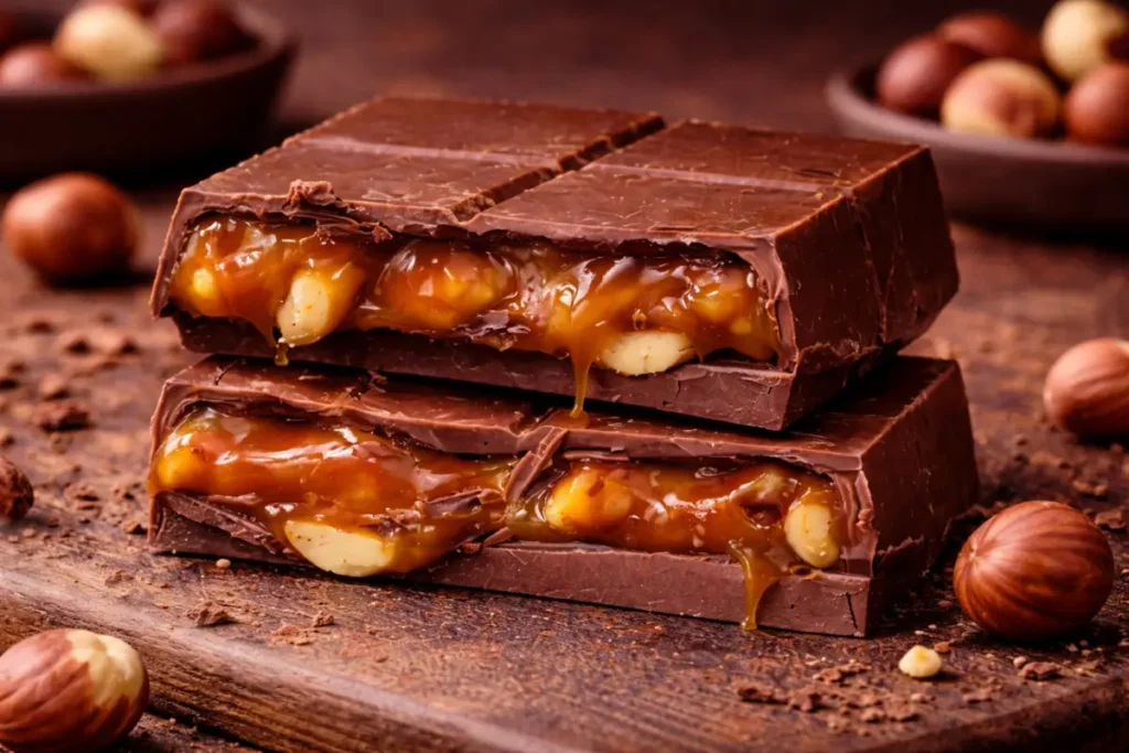 Presek čokolade sa tečnom karamelom i kikirikijem i Karamela i slani kikiriki čokolada Lotos