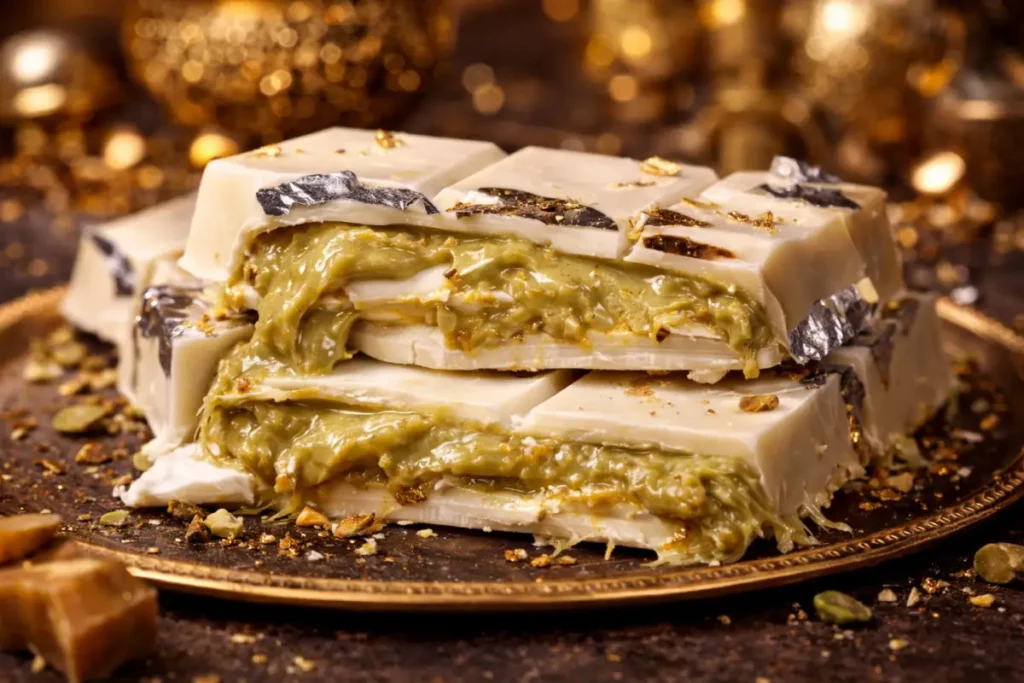 Detalj teksture: lomljenje luksuzne bele Dubai čokolade