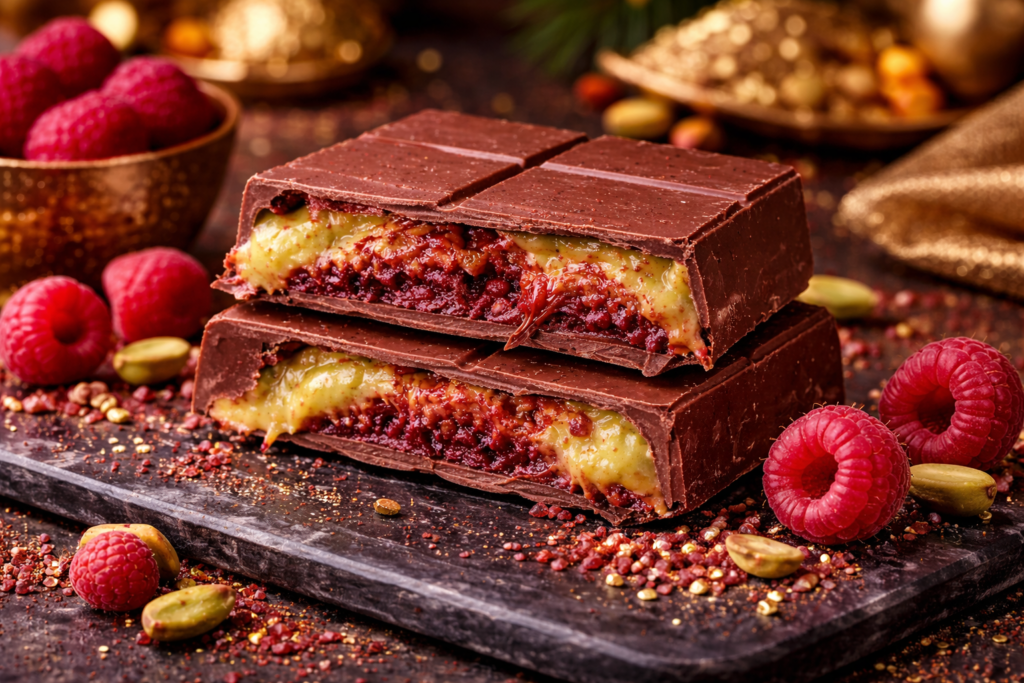 Presek Dubai čokolade sa malinom: hrskavi kadaif i voćni krem