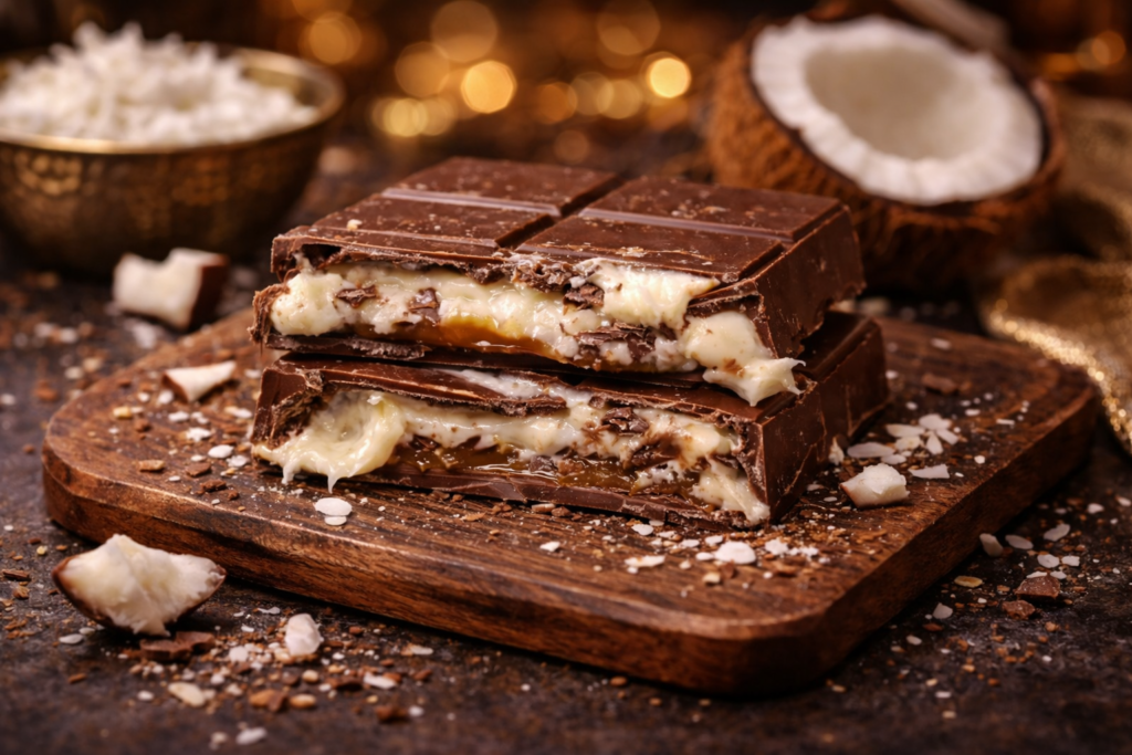 Presek čokolade sa bogatim kremastim punjenjem od kokosa